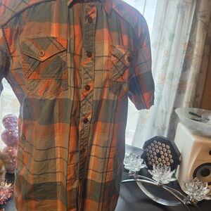 BKE Short-Sleeve Plaid Button-Down Shirt in Orange and Olive
